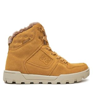 Trzewiki DC Shoes. Brązowe botki DC Shoes, bez wzorów, bez obcasa, na płaskiej podeszwie, bez zapięcia. Za 419,99 zł.