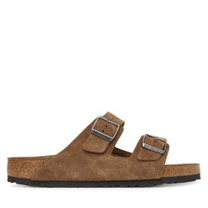 Klapki Birkenstock. Brązowe klapki Birkenstock, bez wzorów, bez obcasa. Za 466,99 zł.