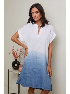 Le Monde du Lin Lniana sukienka w kolorze biało-niebieskim rozmiar: 40/42. Białe sukienki Le Monde du Lin, bez wzorów, ze lnu, klasyczne, bez kołnierzyka, bez ramiączek, midi. Za 171,68 zł.