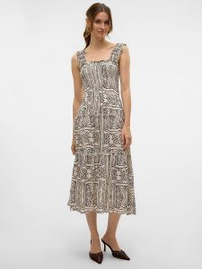 Vero Moda Sukienka w kolorze beżowym rozmiar: S. Brązowe sukienki Vero Moda, na imprezę, s, bez wzorów, z wiskozy, klasyczne, bez kołnierzyka, bez ramiączek, midi. Za 153,95 zł.
