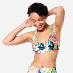 Góra kostiumu kąpielowego surfingowego damska Olaian Agatha Kwiaty. Zielone bikini OLAIAN, bez wzorów, z elastanu. Za 89,99 zł.