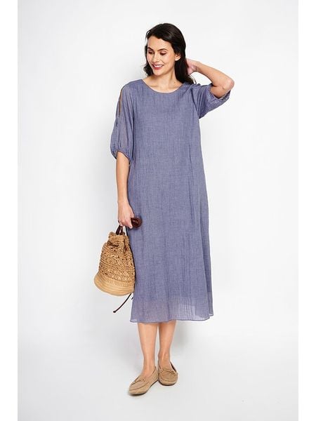 ASSUILI Lniana sukienka w kolorze niebieskim rozmiar: 36. Niebieskie sukienki Assuili, bez wzorów, ze lnu, klasyczne, bez kołnierzyka, bez ramiączek, midi. Za 132,36 zł.