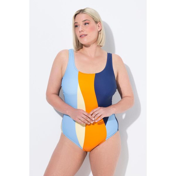 Damskie Strój kąpielowy szerokie kolorowe pasy bez miękkich miseczek. Niebieskie stroje jednoczęściowe Ulla Popken, bez wzorów, z elastanu. Za 199,99 zł.