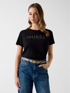 Guess T-Shirt 182375 Czarny Classic Fit. Czarne t-shirty Guess, s, z aplikacjami, bez kołnierzyka, bez ramiączek. Za 154,99 zł.