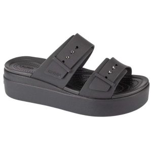 Klapki Crocs Brooklyn Low Wedge Sandal 207431-001 czarne. Czarne klapki bez wzorów, bez obcasa, na koturnie. Za 360,09 zł.