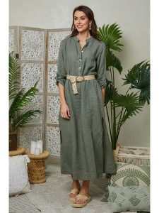 Lin Passion Lniana sukienka w kolorze khaki rozmiar: 36/38. Brązowe sukienki Lin Passion, bez wzorów, ze lnu, klasyczne, bez kołnierzyka, bez ramiączek, maxi. Za 254,74 zł.