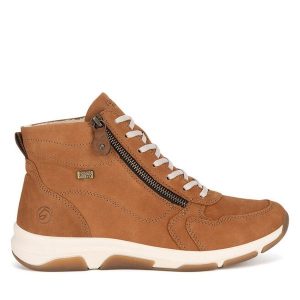 Trzewiki Remonte. Brązowe botki Remonte, bez wzorów, bez obcasa, na płaskiej podeszwie, bez zapięcia. Za 383,99 zł.