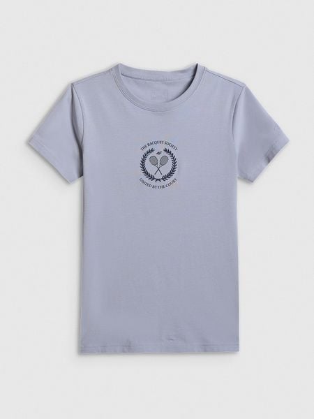 4F T-shirt slim z nadrukiem damski - niebieski S. Niebieskie t-shirty 4f, s, bez wzorów, z bawełny, bez kołnierzyka, bez ramiączek. Za 59,99 zł.