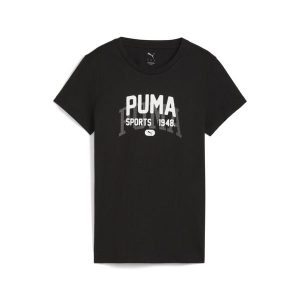 Damska koszulka z grafiką w uniwersyteckim stylu PUMA Black. Czarne bluzki Puma, bez wzorów, sportowe, bez kołnierzyka, bez ramiączek. Za 109,00 zł.