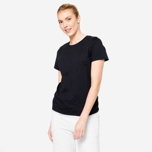 Koszulka damska Domyos Gym & Pilates. Czarne bluzki DOMYOS, xl, bez wzorów, z bawełny, sportowe, bez kołnierzyka, bez ramiączek. Za 39,99 zł.