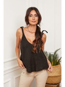 Fleur de Lin Lniany top "Filiale" w kolorze czarnym rozmiar: M. Czarne topy Fleur de Lin, m, bez wzorów, ze lnu, bez kołnierzyka, bez ramiączek. Za 96,60 zł.