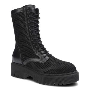 Botki damskie Chebello, naturalna skóra licowa w połączeniu z perforowanym materiałem z wysoką sznurowaną cholewką oraz masywną podeszwą z głębokim b. Czarne botki CheBello, bez wzorów, ze skóry, bez obcasa, na obcasie, bez zapięcia. Za 424,99 zł.