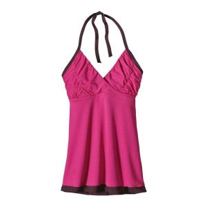 Koszulka bez rękawów damska Patagonia Layered Mesh Halter Top RDMG. Czerwone topy Patagonia, bez wzorów, z meshu, bez kołnierzyka, bez ramiączek. Za 164,14 zł.