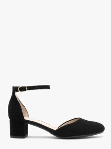 Welurowe czółenka damskie z paskiem wokół kostki. Czarne czółenka Ryłko, bez wzorów, ze skóry, z okrągłym noskiem, bez obcasa, na obcasie, bez zapięcia. W wyprzedaży za 299,99 zł.