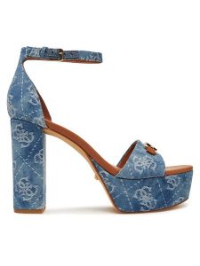 Guess Sandały FLJSE2 FAL03 Niebieski. Niebieskie sandały Guess, z aplikacjami, ze skóry, bez obcasa, na słupku, bez zapięcia. Za 599,99 zł.