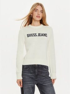 Guess Jeans Sweter W4BR10 Z3HM1 Biały Regular Fit. Białe swetry klasyczne Guess Jeans, xl, z bawełny, bez kołnierzyka. Za 299,99 zł.