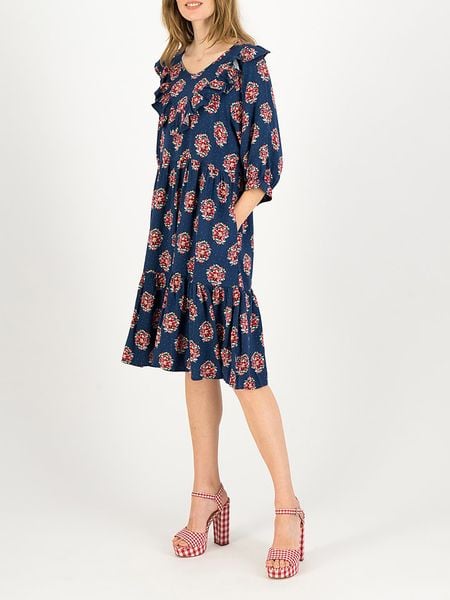 Blutsgeschwister Sukienka "Fabala di Farfalla" w kolorze granatowo-czerwonym ze wzorem rozmiar: L. Niebieskie sukienki Blutsgeschwister, na imprezę, l, bez wzorów, z wiskozy, klasyczne, bez kołnierzyka, bez ramiączek, mini. Za 211,31 zł.