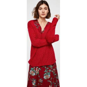 Mango - Sweter Mirror. Czerwone swetry klasyczne marki Mango, z dzianiny, z krótkim rękawem. W wyprzedaży za 49,90 zł.