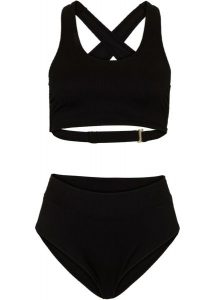 Prążkowane bikini z biustonoszem bustier (2 części). Czarne bikini bonprix, bez wzorów, prążkowane. Za 104,99 zł.