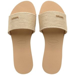 Klapki damskie Havaianas You Malta Metallic. Żółte klapki Havaianas, bez wzorów, bez obcasa. Za 97,99 zł.