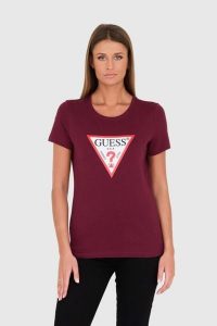 GUESS Bordowy damski t-shirt bawełniany Original Tee, Rozmiar S. Czerwone t-shirty Guess, s, z aplikacjami, z bawełny, bez kołnierzyka, bez ramiączek. W wyprzedaży za 100,99 zł.