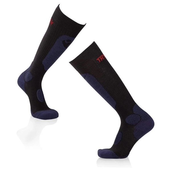 Skarpety narciarskie 3/4 długości z wełny merynosów, czarne, dżinsowe. Czarne rękawiczki TRY TO FLY, bez wzorów, z wełny. W wyprzedaży za 117,64 zł.