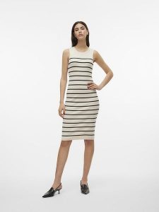 Vero Moda Sukienka dzianinowa w kolorze beżowym rozmiar: XS. Brązowe sukienki Vero Moda, na imprezę, xs, bez wzorów, z dzianiny, bez kołnierzyka, bez ramiączek, midi. Za 116,45 zł.