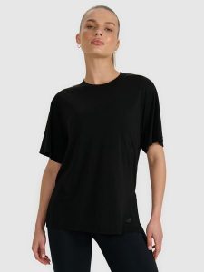 4F T-shirt oversize z modalem damski - czarny XL. Czarne t-shirty 4f, xl, bez wzorów, z jersey, bez kołnierzyka, bez ramiączek. W wyprzedaży za 79,99 zł.