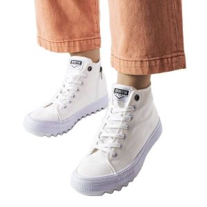 Białe trampki za kostkę Big Star FF274241. Białe trampki bez wzorów, z tkaniny, za kostkę, bez zapięcia. Za 158,90 zł.