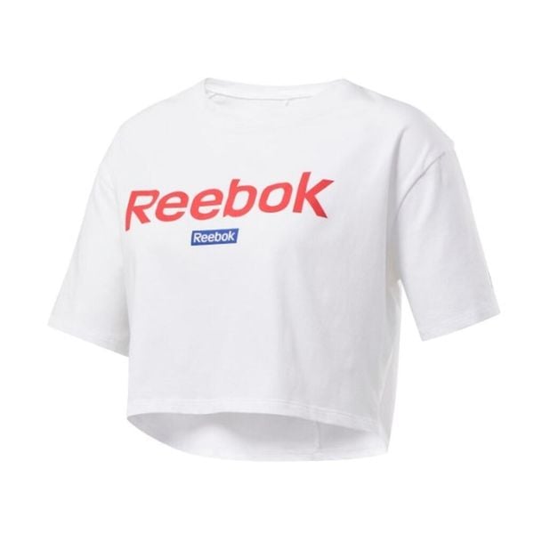 Koszulka sportowa damska Reebok Linear Logo Crop Tee. Białe koszulki sportowe Reebok, bez wzorów, bez ramiączek. Za 118,00 zł.