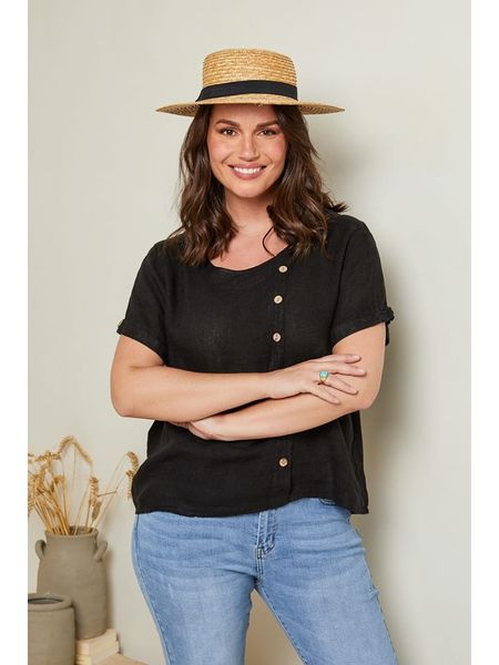 Curvy Lady Lniana koszulka w kolorze czarnym rozmiar: 48/50. Czarne bluzki Curvy Lady, bez wzorów, ze lnu, klasyczne, bez kołnierzyka, bez ramiączek. Za 127,45 zł.