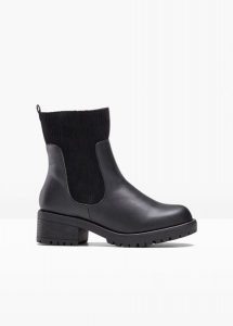 Botki. Czarne botki bonprix, bez wzorów, ze sztruksu, bez obcasa, bez zapięcia. Za 147,99 zł.