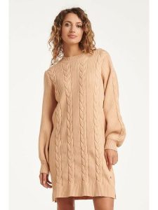 Smashed Lemon Sukienka dzianinowa w kolorze beżowym rozmiar: XL. Brązowe sukienki Smashed Lemon, na co dzień, xl, bez wzorów, z dzianiny, bez kołnierzyka, bez ramiączek, midi, proste. Za 143,99 zł.