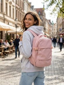 Plecak podróżny z kieszenią na laptopa - różowy. Czerwone plecaki Sinsay. Za 79,99 zł.