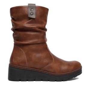 Kozaki Rieker. Brązowe kozaki Rieker, bez wzorów, bez obcasa, na koturnie, bez zapięcia. Za 379,99 zł.