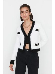 Trendyol Kardigan w kolorze kremowo-czarnym rozmiar: M. Brązowe kardigany Trendyol, ze splotem. Za 91,34 zł.