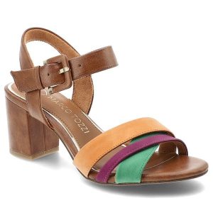 Sandały damskie Marco Tozzi, cholewka ze skóry ekologicznej kolorowe paski z przodu stabilny obcas, brązowe, 2-28325-44 3A8. Brązowe sandały Marco Tozzi, bez wzorów, ze skóry ekologicznej, bez obcasa, na obcasie, bez zapięcia. Za 199,00 zł.
