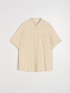 Koszula z domieszką lnu - beżowy. Brązowe koszule Sinsay, xl, bez wzorów, bez kołnierzyka, bez ramiączek. Za 49,99 zł.
