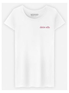 WOOOP Koszulka "Dolce Vita" w kolorze białym rozmiar: XXL. Białe bluzki Wooop, xxl, bez wzorów, z bawełny, bez kołnierzyka, bez ramiączek. Za 70,24 zł.