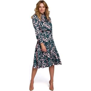 Rozkloszowana Sukienka w Kwiaty ze Stójką - Model 3. Czarne sukienki MOE, l, bez wzorów, z materiału, wizytowe, bez kołnierzyka, bez ramiączek, rozkloszowane. Za 324,90 zł.