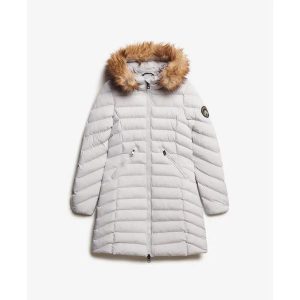 Damska kurtka puchowa Superdry. Szare kurtki Superdry, bez wzorów, z puchu, bez kaptura. W wyprzedaży za 586,85 zł.