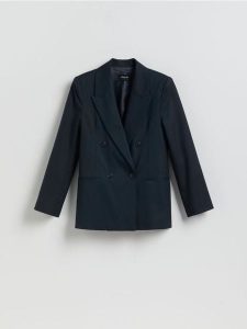 Dwurzędowa marynarka z dodatkiem wełny - granatowy. Niebieskie marynarki i żakiety Reserved, l, bez wzorów, z tkaniny. Za 359,99 zł.