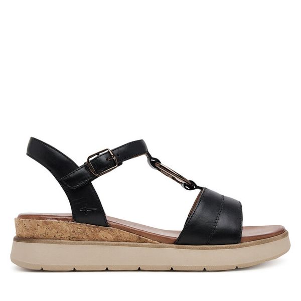 Sandały Tamaris. Czarne sandały Tamaris, bez wzorów, bez obcasa, na koturnie, bez zapięcia. Za 199,99 zł.