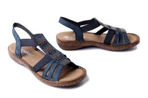 RIEKER 628G7-14 blue, sandały damskie. Niebieskie sandały Rieker, bez wzorów, bez obcasa, bez zapięcia. Za 239,92 zł.