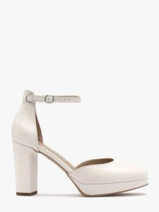 Dwuczęściowe czółenka na wysokim słupku oraz balu. Białe czółenka Ryłko, bez wzorów, z gumy, bez obcasa, na słupku, bez zapięcia. W wyprzedaży za 199,99 zł.