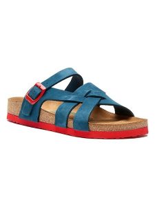 Comfortfusse Skórzane klapki w kolorze niebiesko-czerwonym rozmiar: 40. Czerwone klapki Comfortfüße, bez wzorów, z nubiku, z otwartym noskiem, bez obcasa. Za 267,92 zł.