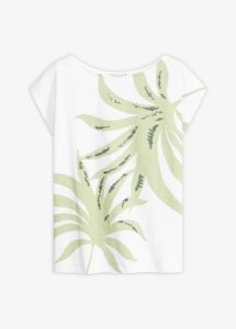 T-shirt z cekinami. Białe t-shirty bonprix, bez wzorów, bez kołnierzyka, bez ramiączek. Za 37,99 zł.