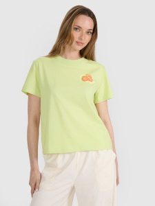 4F T-shirt oversize z nadrukiem damski - żółty S. Żółte t-shirty 4f, s, bez wzorów, z bawełny, bez kołnierzyka, bez ramiączek. W wyprzedaży za 39,99 zł.