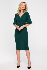 Szykowna Sukienka z Bufiastym Rękawem - Zielona. Zielone sukienki MOE, l, bez wzorów, z lycry, eleganckie, bez kołnierzyka, bez ramiączek. Za 335,26 zł.