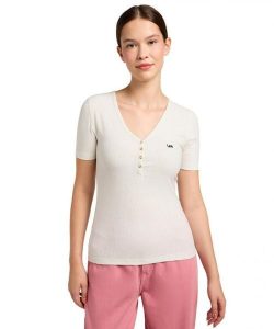 DAMSKA KOSZULKA LEE SS HENLEY ECRU 112333722. Bluzki Lee, m, bez wzorów, bez kołnierzyka, bez ramiączek. Za 79,99 zł.